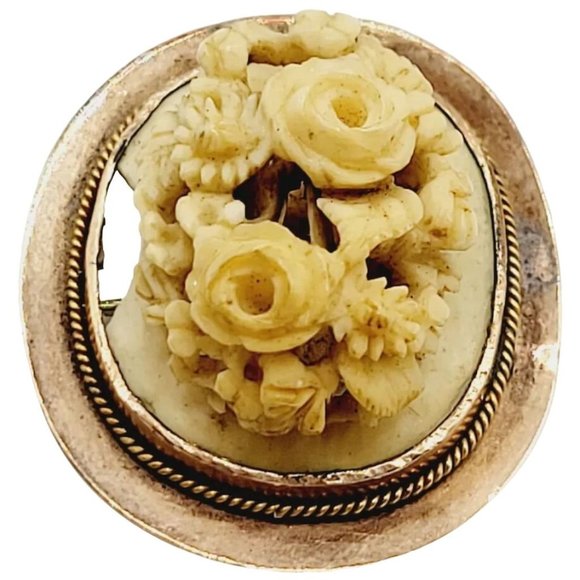 Antique Victorian Carved Lava Floral Cameo Style 14kt Brooch and Pendant (A2640) - Picture 1 of 6